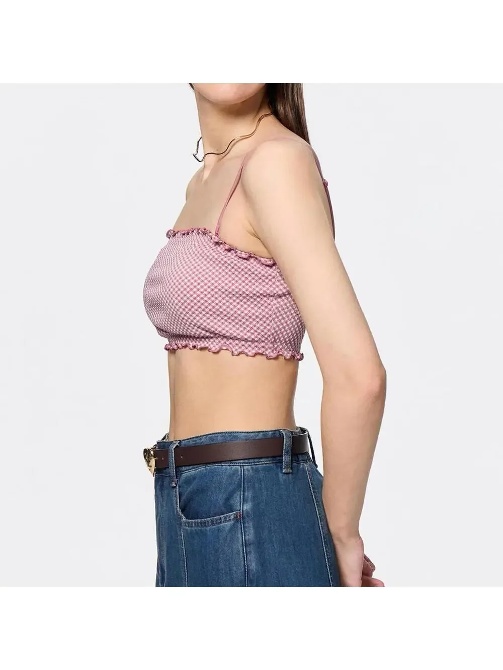 Uniqlo GU Gingham Check 2Way Bandeau Pink Crop Top NWT Small